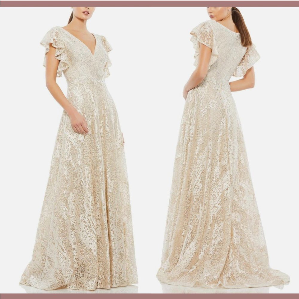 NWT $798 Mac Duggal [ 2‎ ] Embroidered Flutter Sleeve V-Neck Gown Ivory #Q482